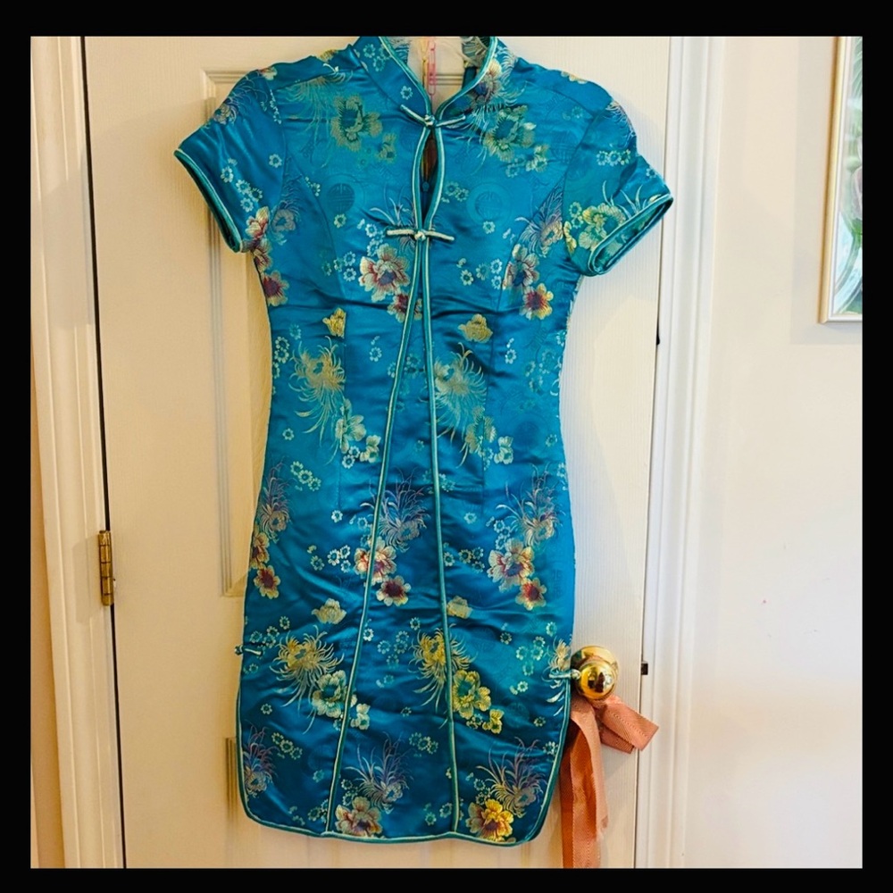Floral Blue Satin Cheongsam Dress